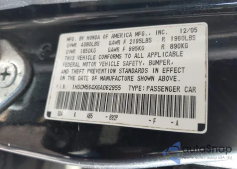 2006 Honda Accord 2.4 Lx from USA, damaged, VIN 1HGCM564X6A062955